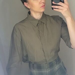 Massimo Dutti 100% Silk Button Up Shirt, Size medium, Olive Green